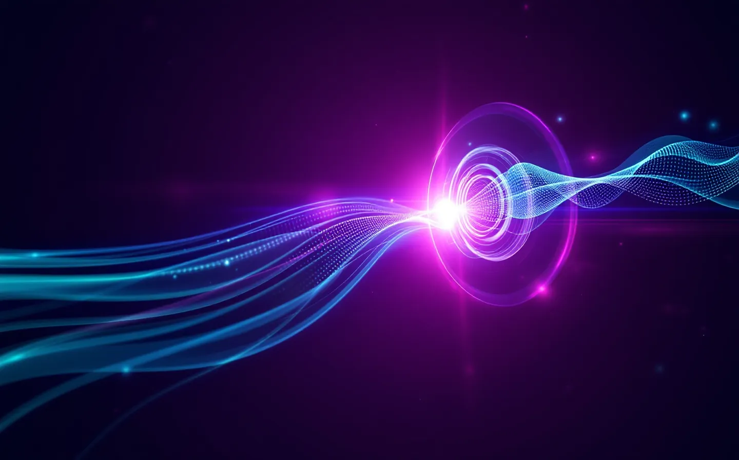 Luminous violet-to-teal kinetic schematic of a signal traveling from a node through a central hub to a target node, with a faint contrasting peripheral path, on a deep cosmic-aubergine ground